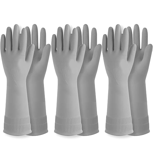 DABOGOSA Reusable Waterproof Household Dishwashing Cleaning Rubber Gloves, Non-Slip Kitchen Glove (Grey, Medium (Pack of 3))