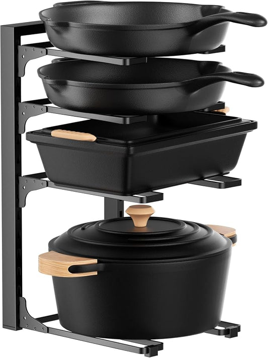 MUDEELA Pots and Pans Organizer under Cabinet 15.75" Tall, 4-Tier Heavy Duty Pan Organizers inside Cabinet Kitchen Storage, Adjustable Pot Rack Holds up to 44 LB Cast Iron Skillets Shallow Cookware