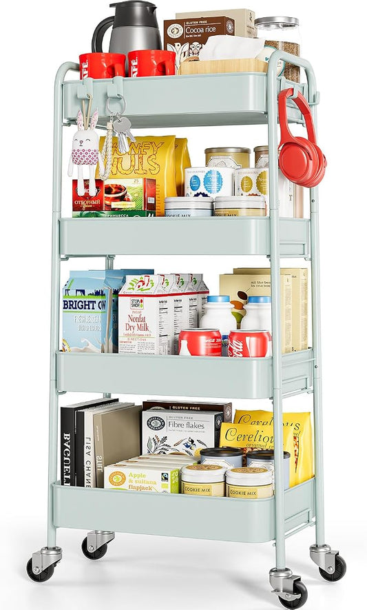 TOOLF 4-Tier Rolling Cart - Metal Storage Organizer with Lockable Wheels, 44 lbs Per Shelf Capacity, Tool-Free Assembly, for Kitchen Bathroom Office Laundry Room Nursery, Green