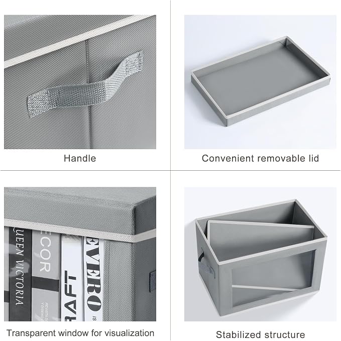 Homsorout Storage Bins with Lids - Fabric Closet Storage Bins with Window, Collapsible Baskets for Shelves 4 Pack, Home Decorative Boxes for Clothes, Closet, Office, Grey