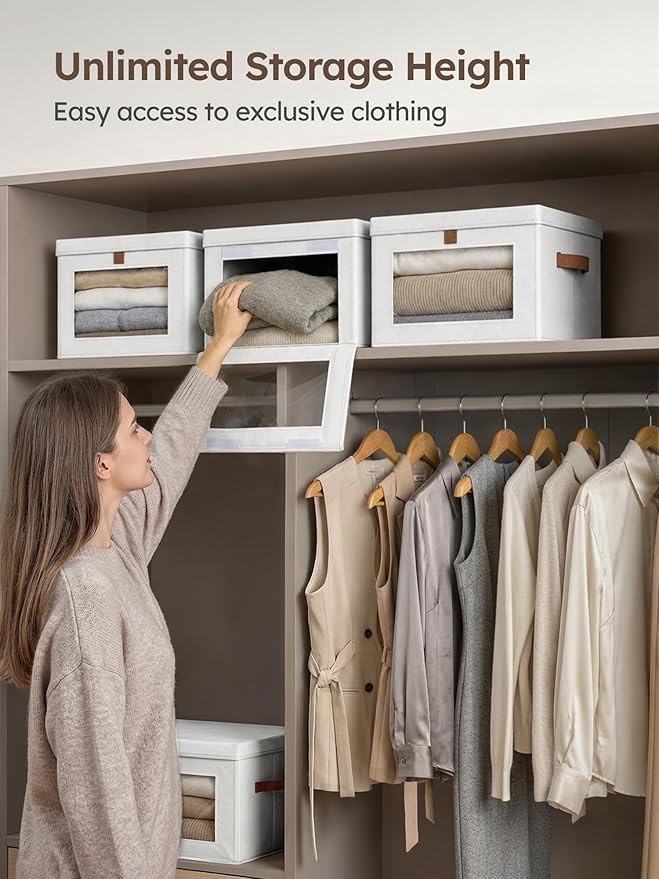 Homsorout Medium Fabric Storage Bins - Closet Shelf Organizer with Open Window, 2 Pack Closet Baskets for Shelves, Stackable Decorative Boxes for Home, Dorm, White, 13.7" x 9.8” x 9.8"