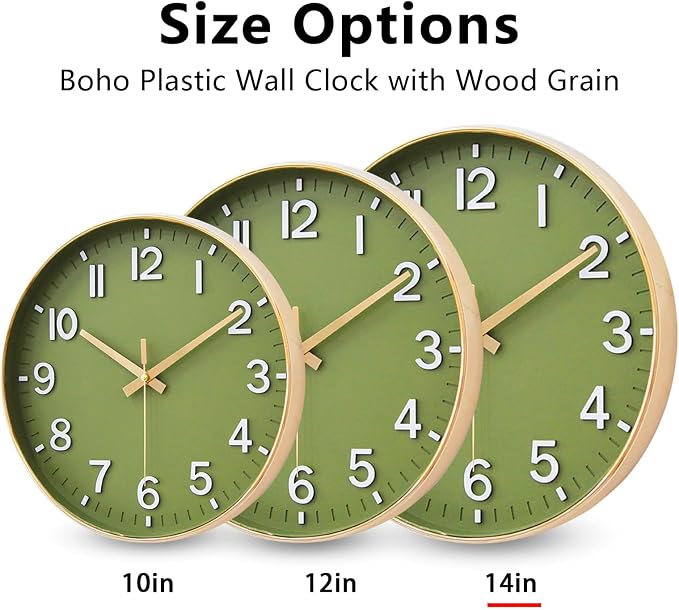 HZDHCLH Wall Clocks Battery Operated,Wall Clock Green Gold,14 inch Wall Clock Silent Non Ticking Modern 3D Numbers for Kitchen Bedroom Living Room Office Classroom Decor