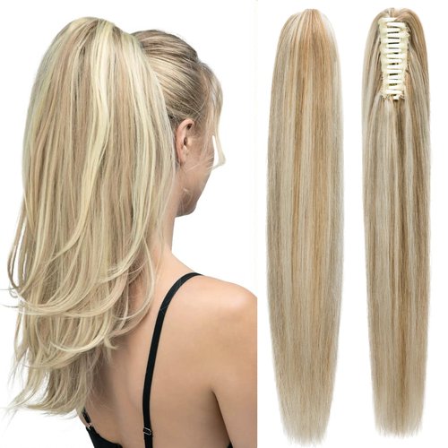 FUOTONBUTY Claw Clip Ponytail Extension 100% Real Remy Human Hairpiece Pony Tails Hair Extensions Long Straight Ponytail for Women (16 inch, Balayage Caramel Blonde to Bleach Blonde)