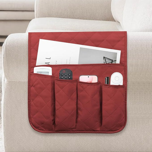 Armchair Caddy for Recliner, Couch Caddy Storage Organizer with 5 Pockets, Non Slip Sofa Arm Organizer for Remote Controls, Phone, Magazines, Tablet (Red)