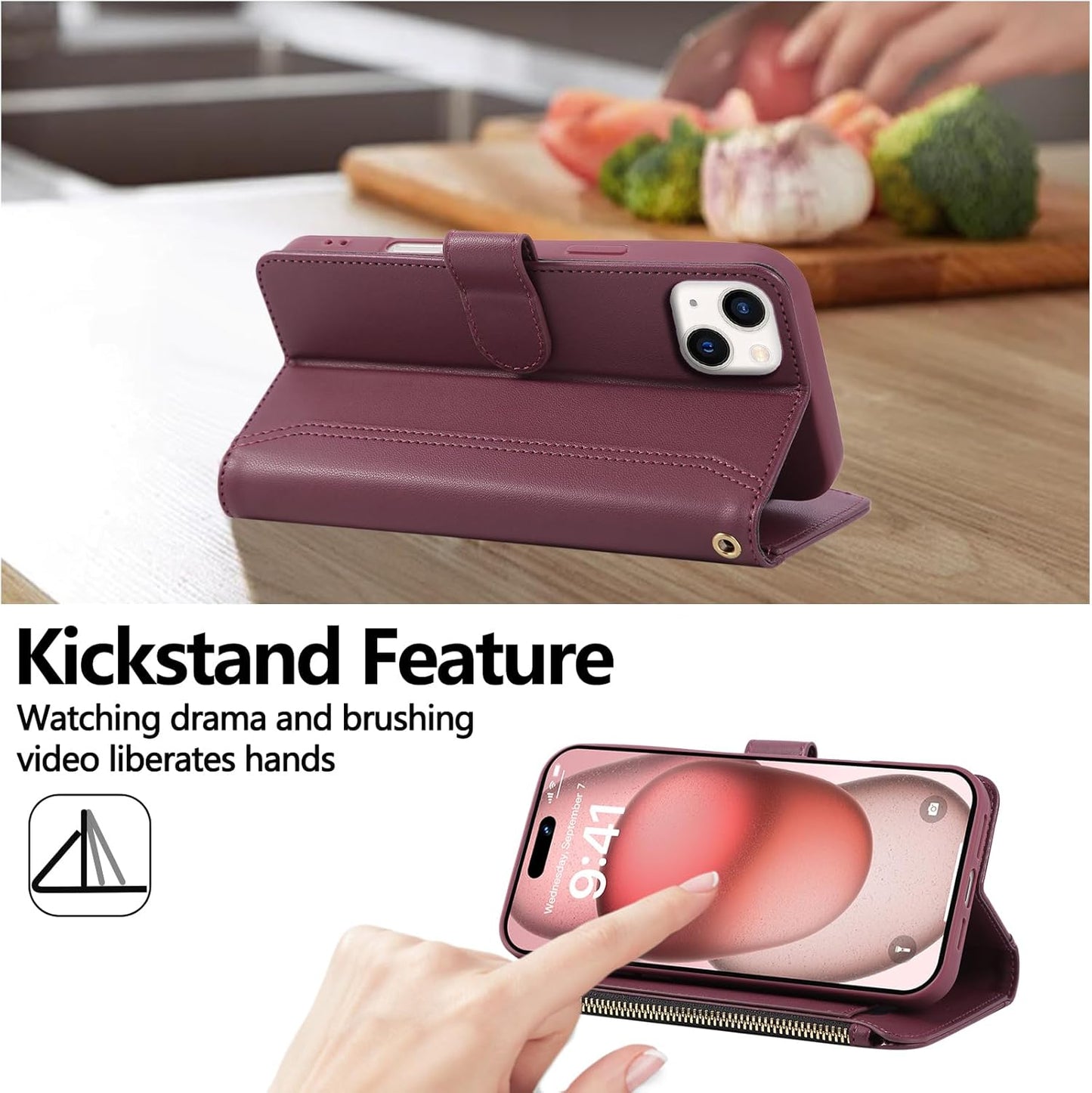 Compatible with iPhone 15 Wallet Phone Case-PU Leather Magnetic Flip Cover with Credit Card Slots,Zipper Pocket & Detachable Wrist Strap,Shockproof Design,for Women and Men-Claret