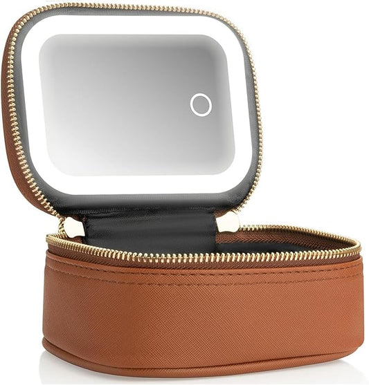 Mini Makeup Bag with Led Mirror, Small Travel Make up Bag 3 Light Modes Adjustable Brightness, for Women Organizer Cosmetic Bag, Portable Travel Train Toiletry Bag, for Pool Parties Work Touch-Ups