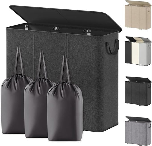 Lifewit Triple Laundry Hamper with Lid and Removable Laundry Bags, Large Collapsible 3 Dividers Dirty Clothes Basket with Handles for Bedroom Laundry Room Closet Bathroom College, 185L Black