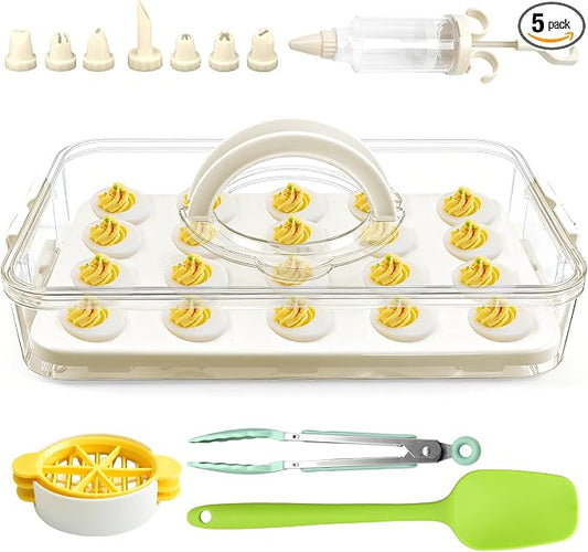 20 Deviled Egg Containers with Lid & Handle,Egg Holder for Fridge PET Thickened Eggs Organizer for Refrigerator Inc Egg Slicer,Kitchen Tongs,Silicone Spatula,Piping Decorating Kit