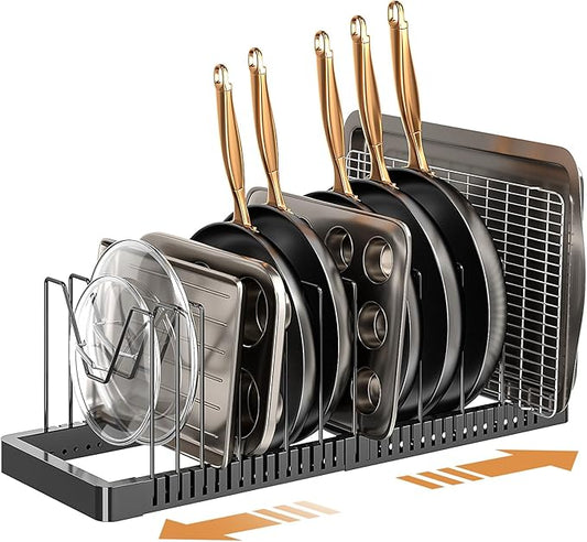 PanPanPal Pots and Pans Organizer under Cabinet, Expandable Pot Lid Organizer Holder with 12 Adjustable Compartment, Pan Organizers inside Cabinet for Lids, Bakeware, Kitchen Storage Pot Rack, Black