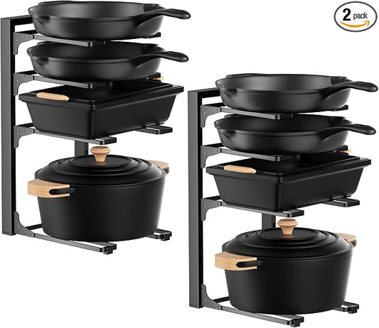 MUDEELA 2 Pack Pots and Pans Organizer under Cabinet, 4-Tier Heavy Duty Pan Organizers inside Cabinet Kitchen Storage, Adjustable Pot Rack Holds up to 44 LB Cast Iron Skillets Shallow Cookware