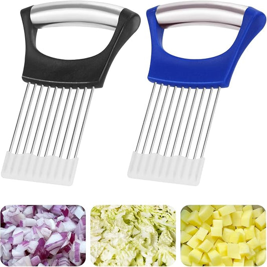 2PCs Stainless Steel Onion Slicer Holder, Onion Cutter Holder for Slicing of Onions,Tomatoes,Avocados,Eggs and Other Vegetables,KItchen Utensils (Blue & Black)