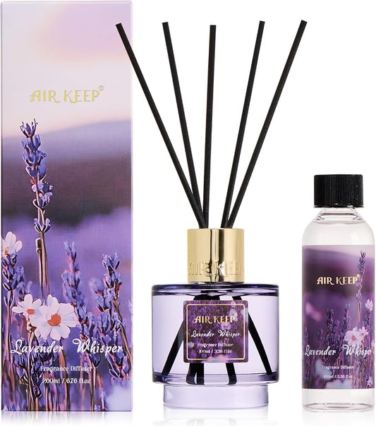 Airkeep Reed Diffuser Set with Refill & 8 Reed Sticks, 6.96 fl oz Lavender Whisper Home Fragrance, Long Lasting Aromatherapy Diffuser for Bedroom, Bathroom & Living Room