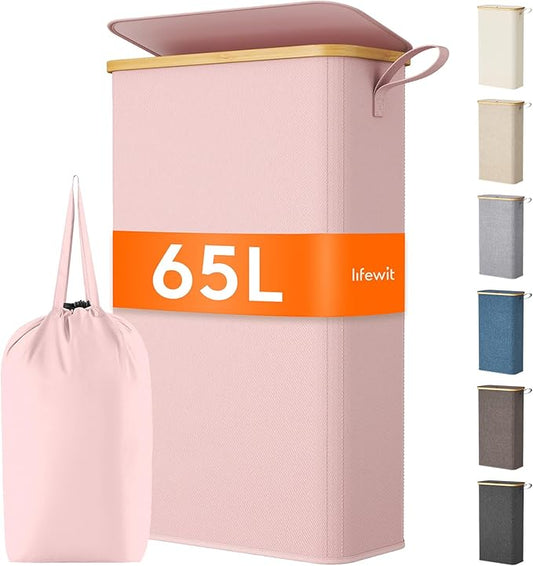 Lifewit 65L Slim Laundry Hamper with Lid, Narrow Laundry Basket with Removable Bag & Bamboo Handles, Fodable Thin Dirty Clothes Hamper for Laundry Collapsible Bin for Bathroom Bedroom Dorm, Pink