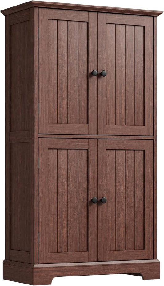 ChooChoo Bathroom Floor Cabinet, Farmhouse Bathroom Storage Cabinet with 4 Doors and Adjustable Shelves, Pantry Cabinet for Living Room, Kitchen, Walnut
