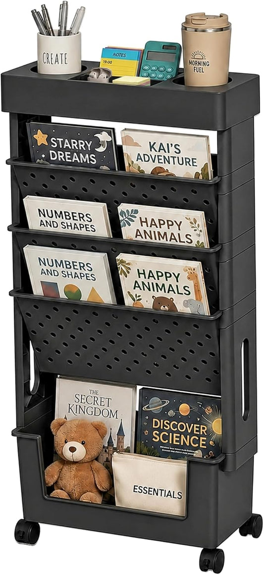5-Tier Rolling Bookshelf, Book Storage Organization with Wheels Mobile Bookshelves Cart for Home Office Kids' Study Room School, Black