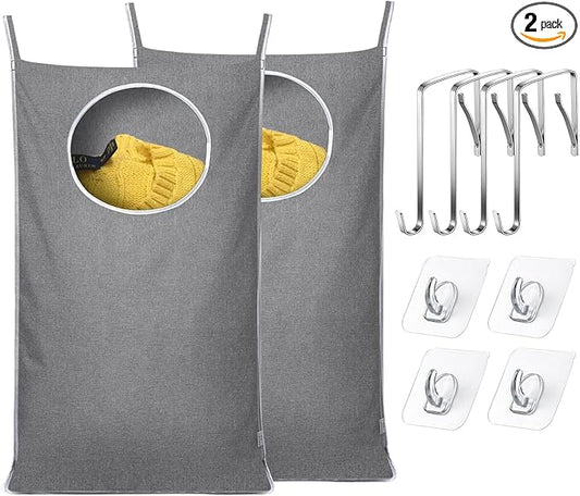 KEEPJOY 2Pack Space-Saving Hanging Laundry Bag, Door Laundry Hamper with 2 Different Types of Hooks, 30x20 Inch Oxford Fabric Laundry Storage Bag for Dirty Clothes (Grey-2Pack)