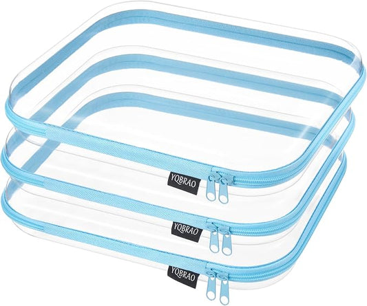 YQBRAO 3-Pack Large Clear Hard Shell Zipper Case, 1.2mm Rigid Toy & Cosmetic Bags, Heavy-Duty Diaper Bag Pouch Set with YKK Zippers, Waterproof Travel & Makeup Storage (Blue)