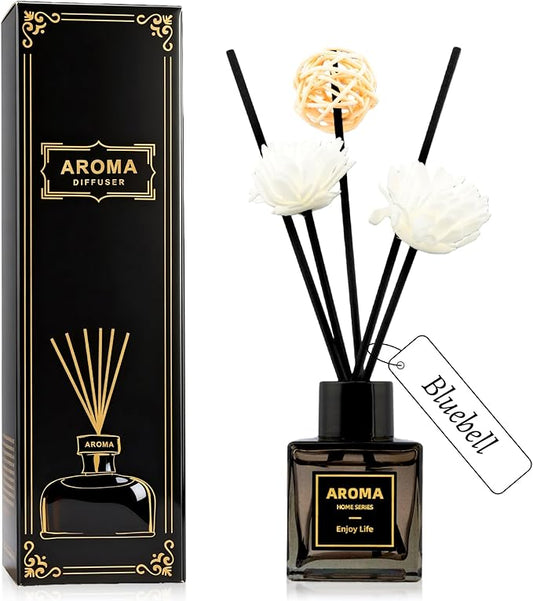 Black Glass Bottle Scent Diffuser, 1.7 oz Reed Diffuser with Sticks, Home Fragrance for Bookshelf, Bedroom Vanity, Office Desk & Bathroom Decor, Air Freshener for Aesthetic Room Decor (Bluebell)