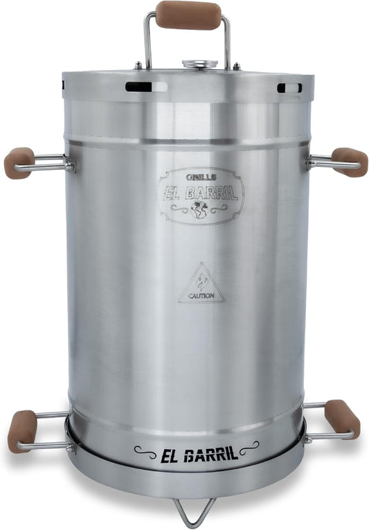 El Barril Lite Medium Barrel Smoker Grill, Stainless Steel 430, 30 lb Capacity, 12 Meat Hooks, Upper Grill and Handler, Portable Charcoal BBQ (Lite 30LBS Medium)
