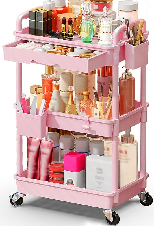 SUNALLY Makeup Cart Organizer with Drawers, Floor Skincare Organizers Vanity Storage Organizer, Rolling Makeup Bathroom Storage Cart Cosmetics Display Cases for Skin Care Perfume Nail Polish, Pink