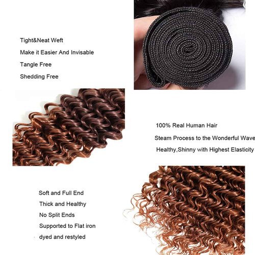 Habiliana Bundles Human Hair 24 26 28 Inch Omber Deep Wave Human Hair Bundles Natural Chocolate Brown T1B/4/30 11A Unprocessed Brazilian Virgin Quick Weave Hair Extensions for Black Women