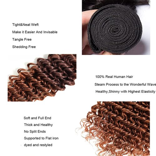 Habiliana Bundles Human Hair 18 20 22 Inch Omber Deep Wave Human Hair Bundles Natural Chocolate Brown T1B/4/30 11A Unprocessed Brazilian Virgin Quick Weave Hair Extensions for Black Women