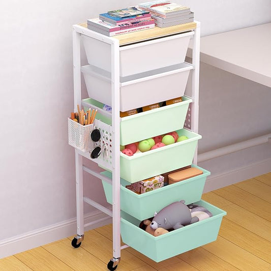 Rolling Cart with Drawers, Rolling Storage Cart with Large Plastic Drawers & Wooden Tabletop, Utility Cart with Pegboards & Basket, Storage Drawers Cart for Living Room, Classroom, Bedroom, Office