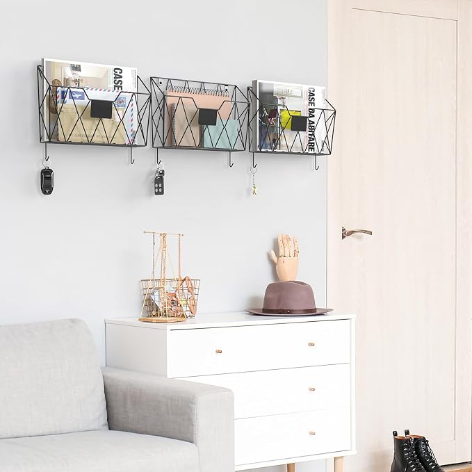 YBING Wall File Organizer Mesh Hanging Wall-mount Files Holder 6 Pack Hanging Wire Magazine Rack and Mail Holder with Hooks Office Wall Organizer for Papers Folders Files Clipboard Black