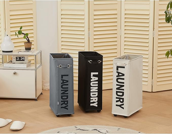 DOKEHOM 25-Inches Slim Laundry Basket on Wheels, Collapsible Rolling Laundry Hamper, Foldable Narrow Corner Clothes Storage Bins (Black)