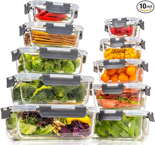 coccot Glass Food Storage Containers with Lids Airtight, Glass Meal Prep Containers for Lunch Food, Container Set, Easy to Open& Close/Microwave,Oven,Freezer,Dishwasher Safe/Leak-Proof（20 Pieces）