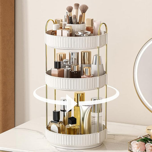 360° Rotating Makeup Organizer, Upgraded 3 Tier Skincare Perfume Organizers for Women, Bathroom Organizer Countertop, Clear Cosmetic Dresser Organizer with Makeup Brush Holder, Sink&Counter(White)