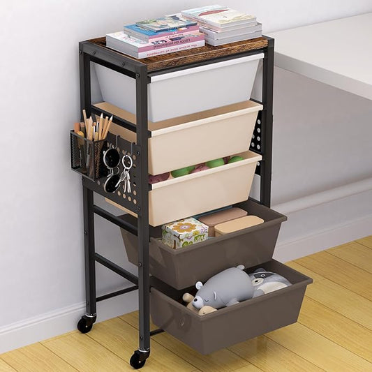 Rolling Cart with Drawers, Rolling Storage Cart with Large Plastic Drawers & Wooden Tabletop, Utility Cart with Pegboards & Basket, Storage Drawers Cart for Living Room, Classroom, Bedroom, Office
