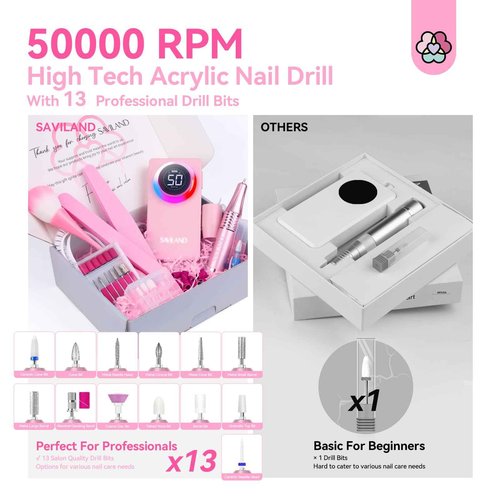 SAVILAND 50000RPM Electric Nail Drill Professional: Rechargeable Portable Efile Nail Drill Kit Strong-Power Nail File Electric 2 Ceramic Bit 11 Drill Bits for Nail Tech Fast Remove Acrylic Nail Salon