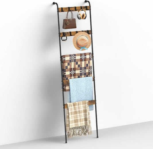Blanket Ladders for the Living Room 5 Tier Towel Ladder for Bathroom with 10 Removable Hooks Wall Leaning Quilt Rack for Bedroom Display Rustic Farmhouse Home Decor, Rustic Brown