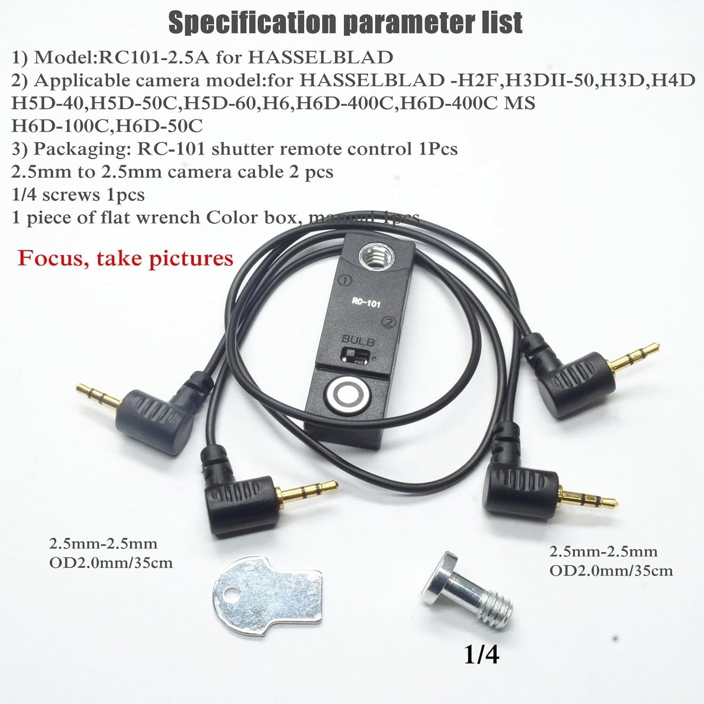 for hasselblad Cable Shutter Cable Release Remote H2F,H3DII,H4D,H5D-40,H6 Two Cameras in sync Button 1/4 Stabilizer Extension Photo Key Accessories. Small Size Control (RC101-2.5A H)