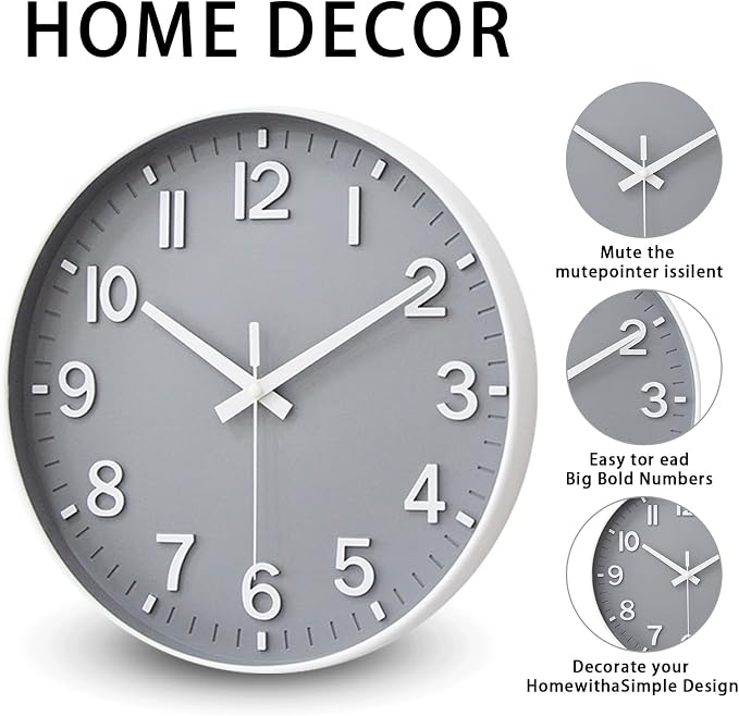 HZDHCLH Wall Clocks Battery Operated,Wall Clock Gray,10 inch Wall Clock Silent Non Ticking Modern 3D Numbers for Kitchen Bedroom Living Room Office Classroom Decor