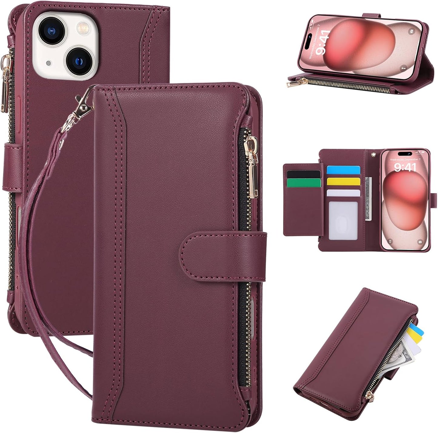 Compatible with iPhone 15 Wallet Phone Case-PU Leather Magnetic Flip Cover with Credit Card Slots,Zipper Pocket & Detachable Wrist Strap,Shockproof Design,for Women and Men-Claret