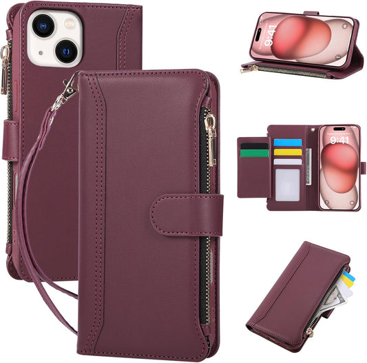 Compatible with iPhone 13/14 Wallet Phone Case-PU Leather Magnetic Flip Cover with Credit Card Slots,Zipper Pocket & Detachable Wrist Strap,Shockproof Design,for Women and Men-Claret