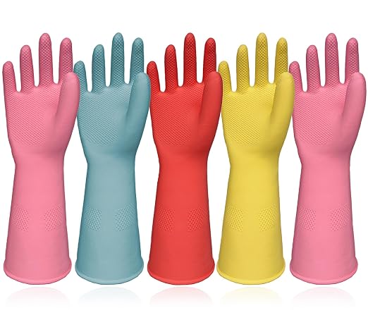 Rubber Cleaning Gloves 5 Pairs Kitchen Dishwashing Gloves Reusable for Household Washing Dishes Cleaning Gardening, Non-Slip Water Resistant Dish Gloves for Women Men Medium