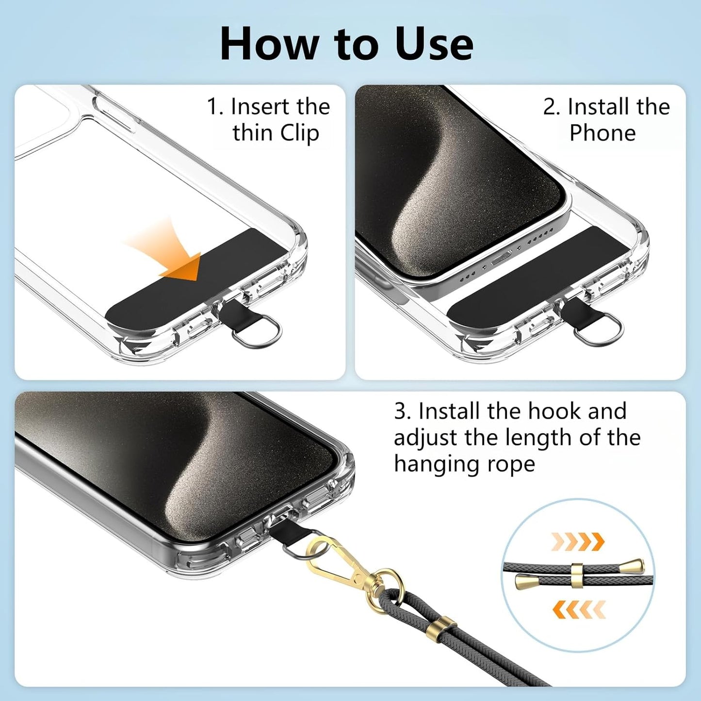 5 Pack Cell Phone Lanyard Patchs, Phone Tether Tab for iPhone, Phone Chain&Strap Replacement Part for All Fullcover Phone Cases - Black