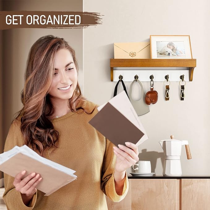 Rebee Vision Key and Mail Holder for Wall with Floating Shelf : 14 Inches Decorative Hanging Organizer with 5 Sturdy Keys Hooks and Wall Mount Key Rack - Farmhouse Entryway Decor (Light Brown & White)