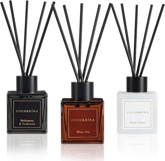 COCORRÍNA Hotel Collection Reed Diffuser Set, 3.04 fl oz Trio, Mahogany Teakwood, White Flower & White Tea, Home Fragrance for Bathroom, Bedroom, Entryway & Office