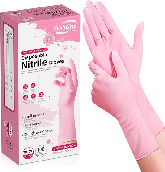 SwiftGrip Disposable Nitrile Dishwashing Gloves, Extended 12 Inches Cuff, 6-mil, Cherry Blossom Cleaning Gloves, Latex-Free