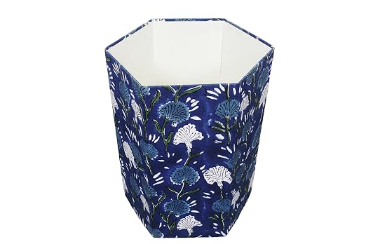Generic 3.3 Gallon Cotton Hand Block Printed Paper Waste Basket |Small Decorative Trash Can for Housewarming Gifts in Living Room, Bedroom, Bathroom | Eco-Friendly, Plastic-Free (1, BLUE FLOWAR)