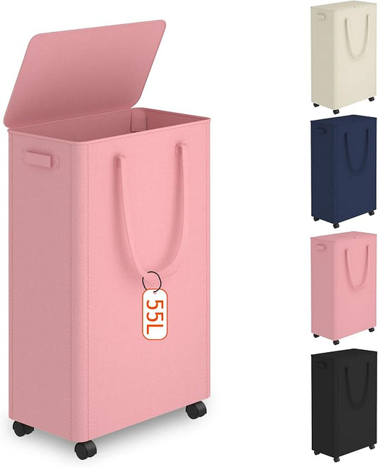 Slim Laundry Hamper with Wheels,15 Gal (55L) Rolling Laundry Basket with lid and wheels Clothes Hamper Foldable Tall Dirty Clothes Basket Sturdy Collapsible Clothes Hamper for Dorm,Laundry Room