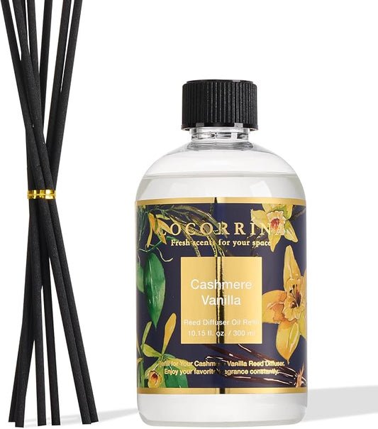 Cocorrína Reed Diffuser Refill Cashmere Vanilla 10.14oz (300ml) with 8 Sticks - Premium Long-Lasting Floral Essential Oil, Home Fragrance for Bedroom, Bathroom Home Decor