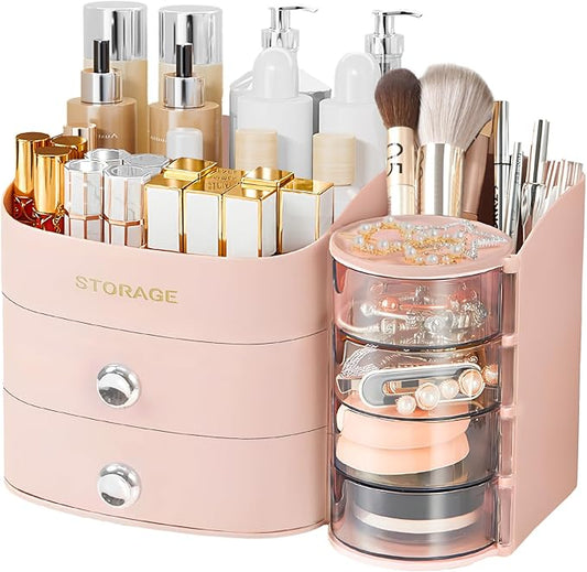 XIAPIA Makeup Organizer Countertop, Make Up Organizer for Vanity, Skincare & Cosmetic Organizers with Drawers, Bathroom Organizers Storage for Brush Holder|Lipstick|Jewelry, Ideal Gift for Women PINK