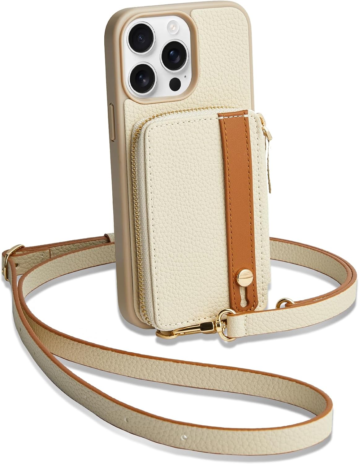 LAMEEKU for iPhone 14 Pro Max Wallet Case with Card Holder, Zipper Leather Crossbody Case with Kickstand Lanyard for Women, Cover with Phone Grip Holder Stand for Apple iPhone 14 Pro Max 6.7" Beige"