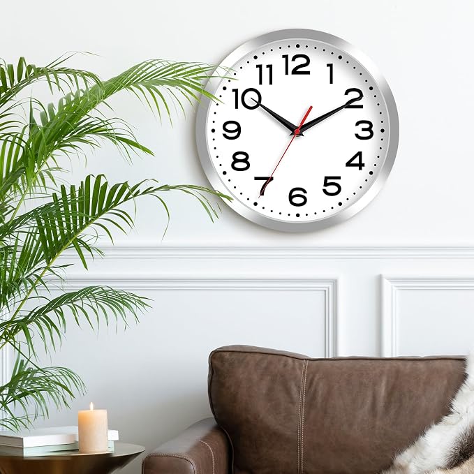 Roymnie Wall Clock Silent Non-Ticking Modern Clock Battery Operated 10 Inch Small Classic Analog Decorative for Kitchen, Bathroom, Office, Bedroom, Home(Silver)