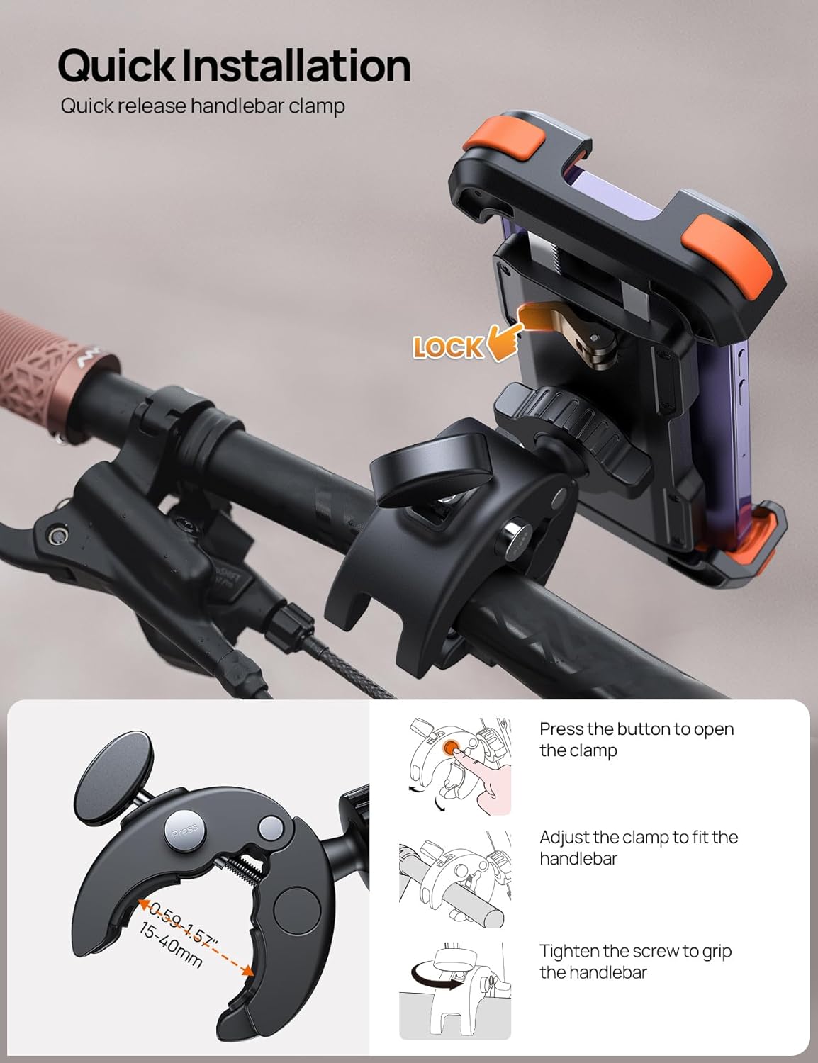 Bike Motorcycle Phone Holder Mount - [2025 Quick Release] Bike Phone Holder Handlebar Clamp, Bicycle Scooter Phone Clip for iPhone 15 14 13 12 11 Pro Max Plus Mini, 4.7-6.8" Smartphone"